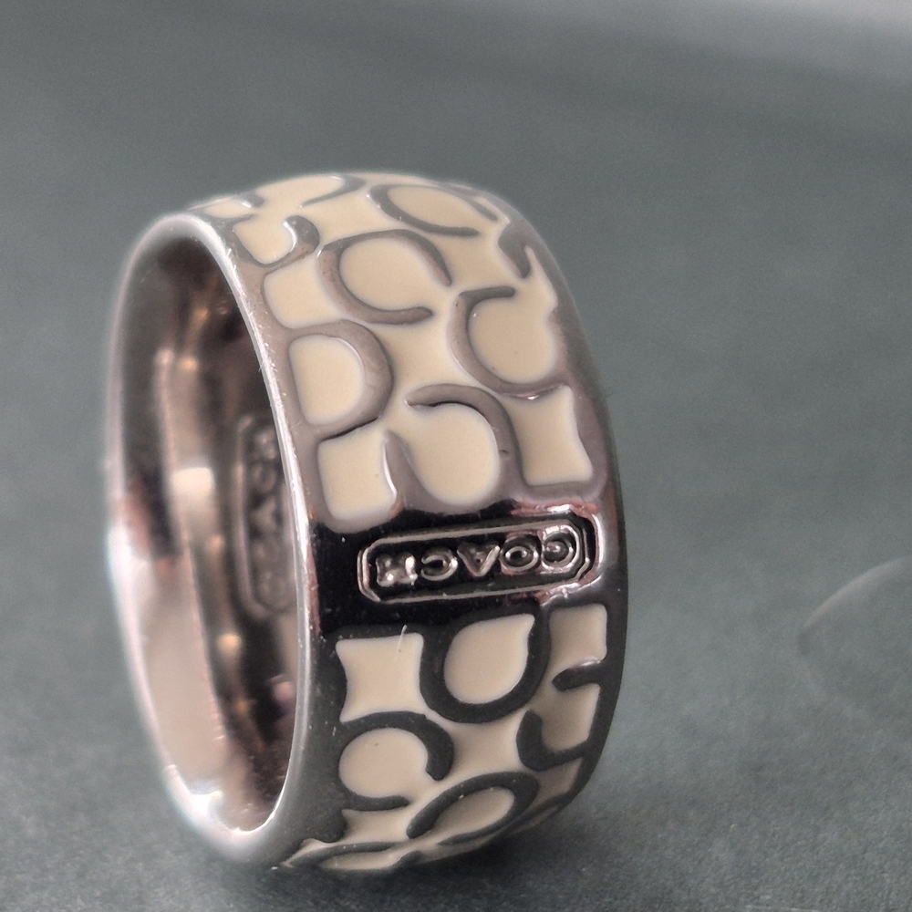 Coach Silver-Tone Ring with Cream Enamel Signature 'C' Pattern